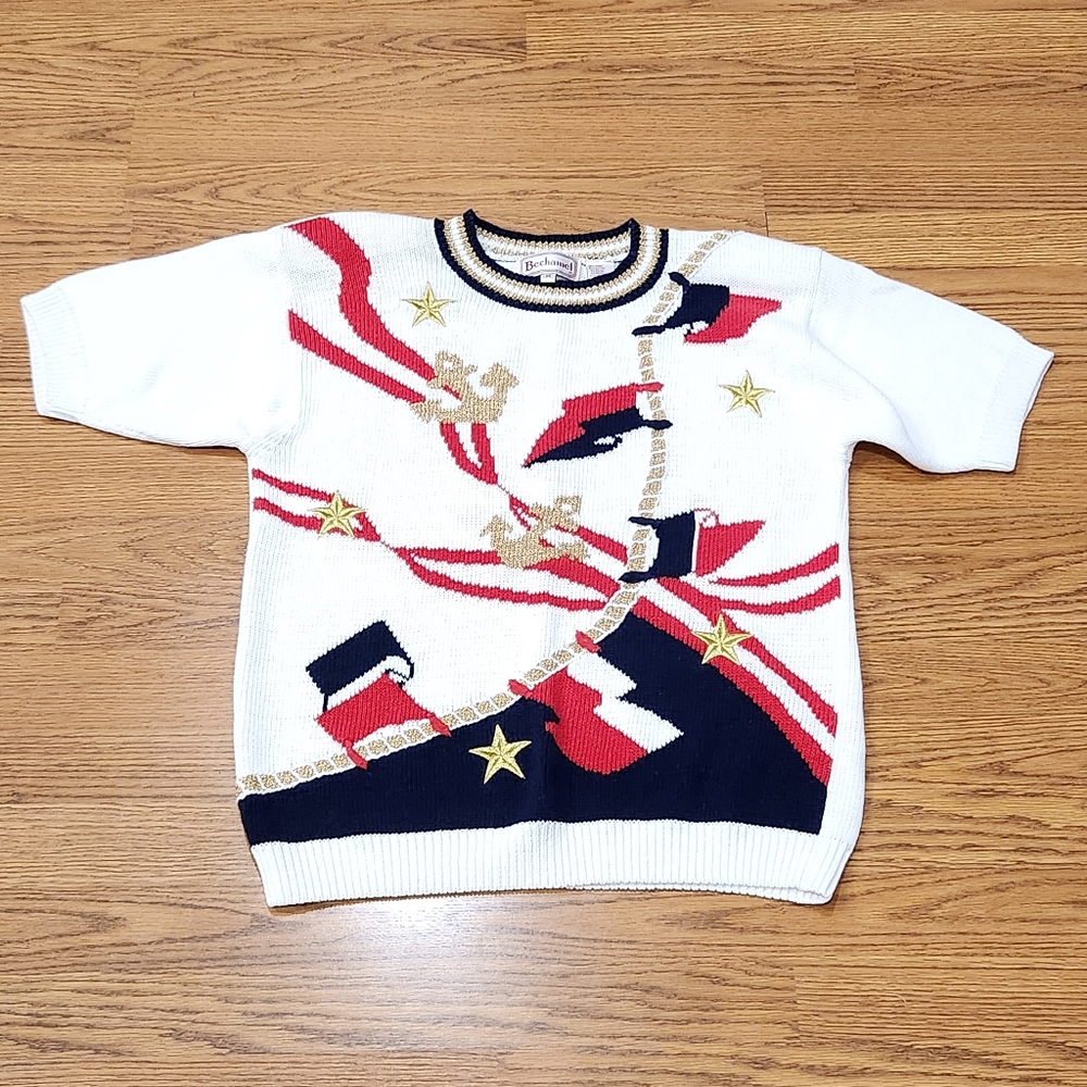 Vintage Bechamel White Sweater with Bold Blue and Red Graphic Design Size M